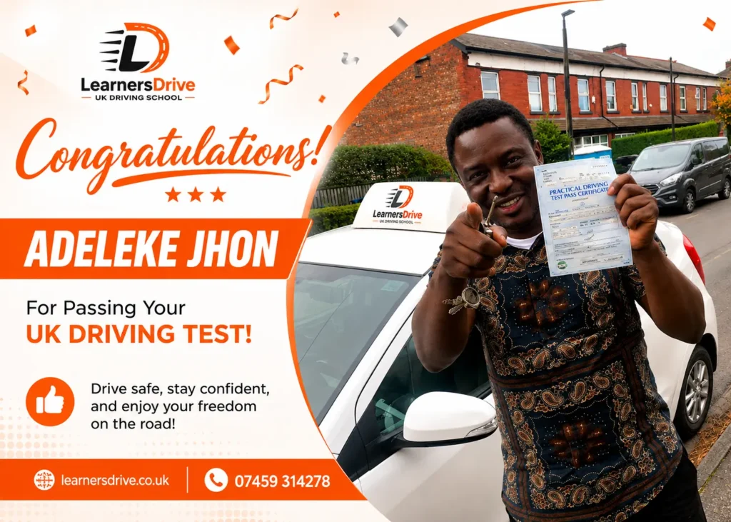 Congratulations to a Learners Drive student for passing the UK practical driving test with expert driving lessons, DVSA-approved instructor, and automatic driving school in the UK.