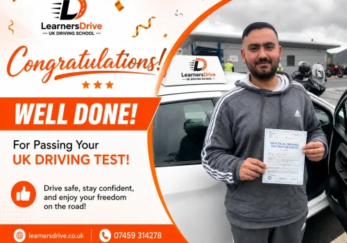 Successful LearnersDrive student proudly holding a UK Practical Driving Test Pass Certificate beside a LearnersDrive training car after passing the UK driving test.