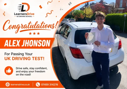 Alex Johnson celebrating passing his UK driving test with LearnersDrive driving school, holding his practical driving test certificate beside a learner car.